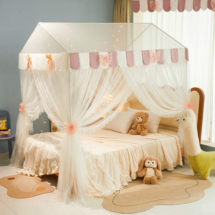 91家纺网 家纺一手货源 找家纺 富莱星蚊帐 2026春夏新款坐床支架落地蚊帐小房子-甜美公主 甜美公主-珍珠白