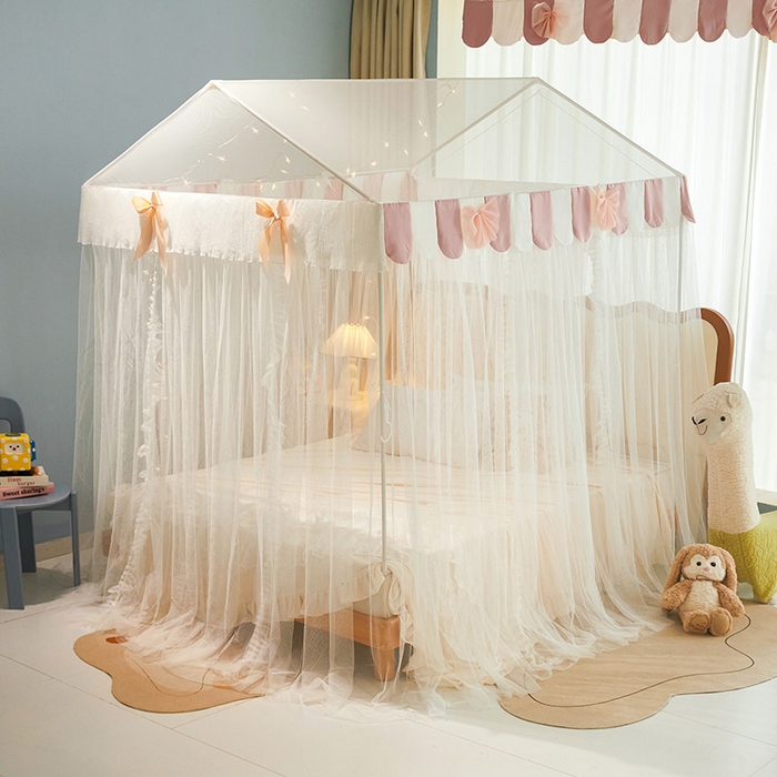 91家纺网 家纺一手货源 找家纺 富莱星蚊帐 2026春夏新款坐床支架落地蚊帐小房子-甜美公主 甜美公主-珍珠白