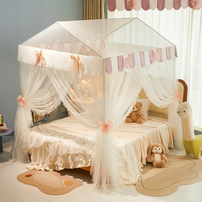 91家纺网 家纺一手货源 找家纺 富莱星蚊帐 2026春夏新款坐床支架落地蚊帐小房子-甜美公主 甜美公主-珍珠白