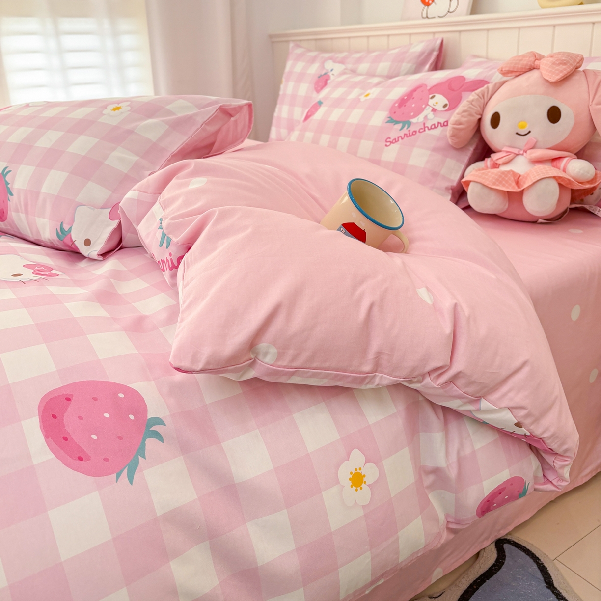 91家纺网 家纺一手货源 找家纺 孩子王家纺 2026新款卡通A类全棉纯棉正版授权小版三丽鸥系列四件套（含防伪码） 奶芙美乐蒂