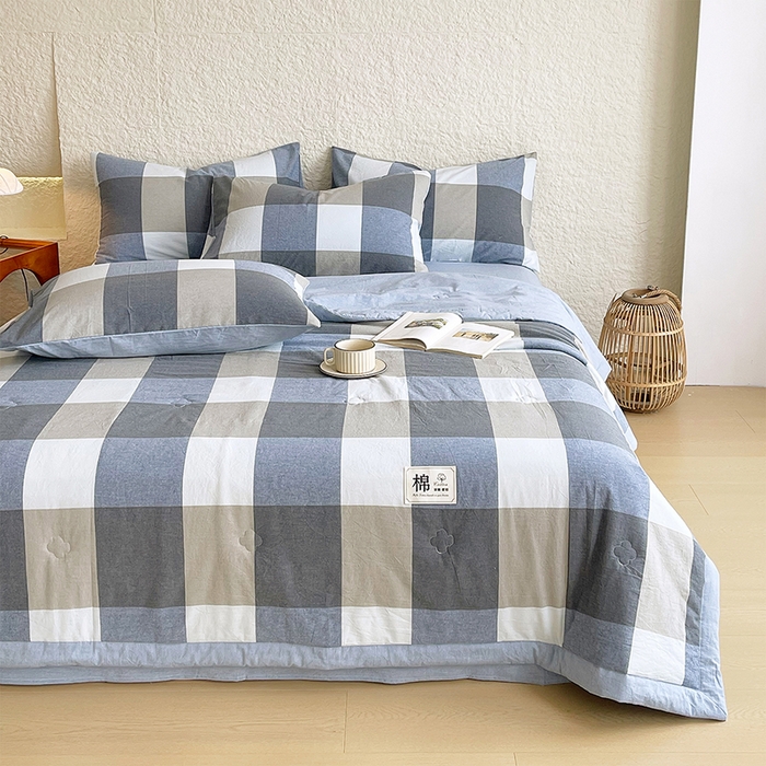 91家纺网 家纺一手货源 找家纺 宝士康家纺 2026新款10A抗菌水洗棉新疆棉花被绗缝款 单夏被/夏被四件套 棉花被-深蓝大格