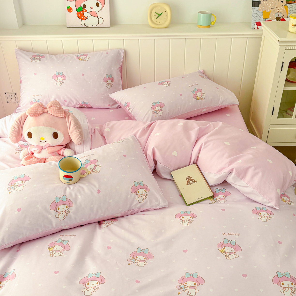 91家纺网 家纺一手货源 找家纺 孩子王家纺 2026新款卡通A类全棉纯棉正版授权小版三丽鸥系列四件套（含防伪码）真爱美乐蒂