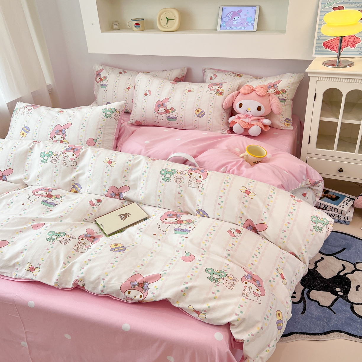 91家纺网 家纺一手货源 找家纺 孩子王家纺 2026新款卡通A类全棉纯棉正版授权小版三丽鸥系列四件套（含防伪码） 俏皮美乐蒂