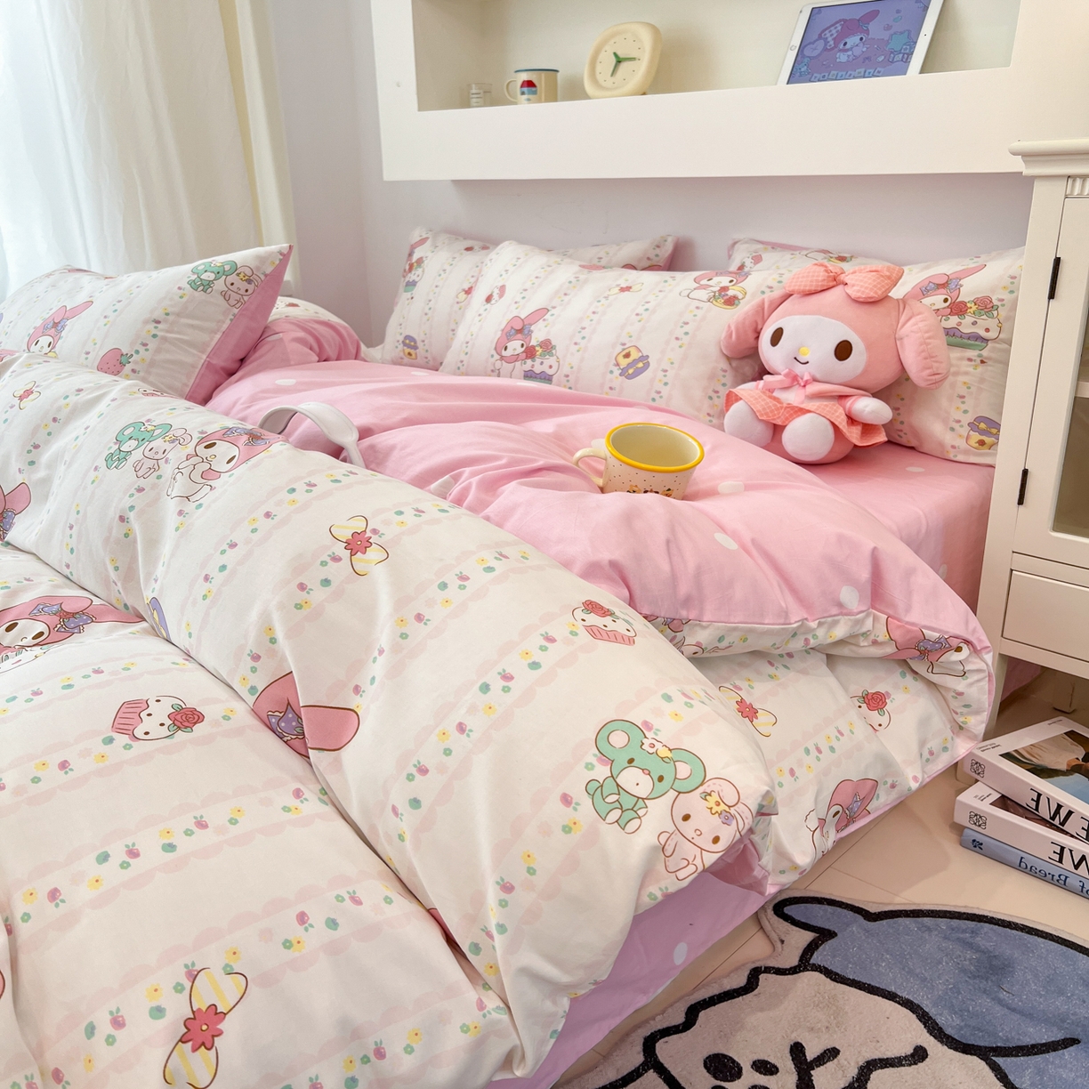 91家纺网 家纺一手货源 找家纺 孩子王家纺 2026新款卡通A类全棉纯棉正版授权小版三丽鸥系列四件套（含防伪码） 俏皮美乐蒂