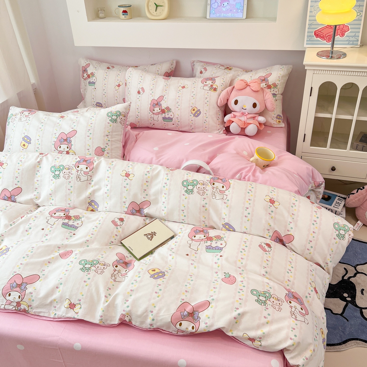 91家纺网 家纺一手货源 找家纺 孩子王家纺 2026新款卡通A类全棉纯棉正版授权小版三丽鸥系列四件套（含防伪码） 俏皮美乐蒂