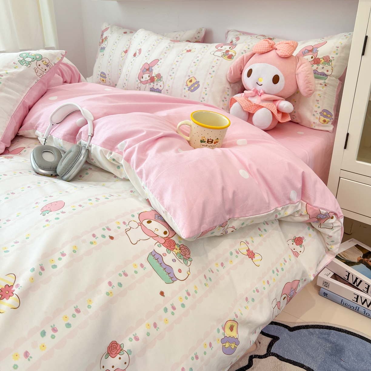 91家纺网 家纺一手货源 找家纺 孩子王家纺 2026新款卡通A类全棉纯棉正版授权小版三丽鸥系列四件套（含防伪码） 俏皮美乐蒂