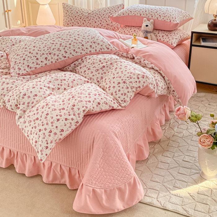 91家纺网 家纺一手货源 找家纺 仟网汇 2026新款针织棉双层纱床盖四件套夏被四件套 春日小花