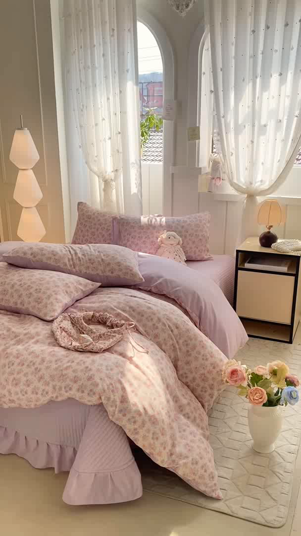 91家纺网 家纺一手货源 找家纺 仟网汇 2026新款针织棉双层纱床盖四件套夏被四件套 春天里