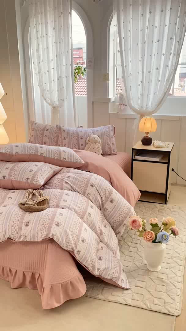 91家纺网 家纺一手货源 找家纺 仟网汇 2026新款针织棉双层纱床盖四件套夏被四件套 格林童话