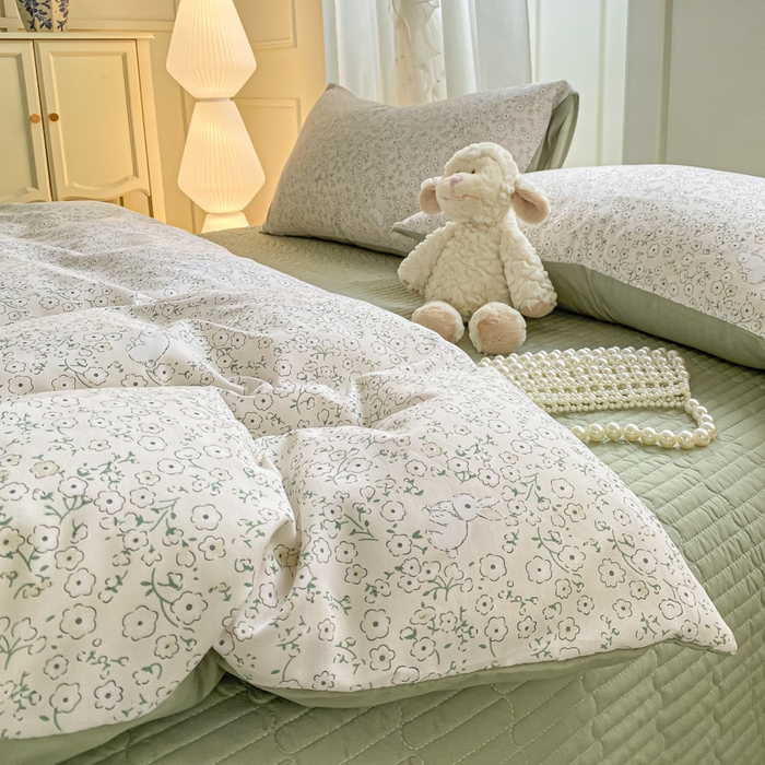 仟网汇 2026新款针织棉双层纱床盖四件套夏被四件套 花与兔