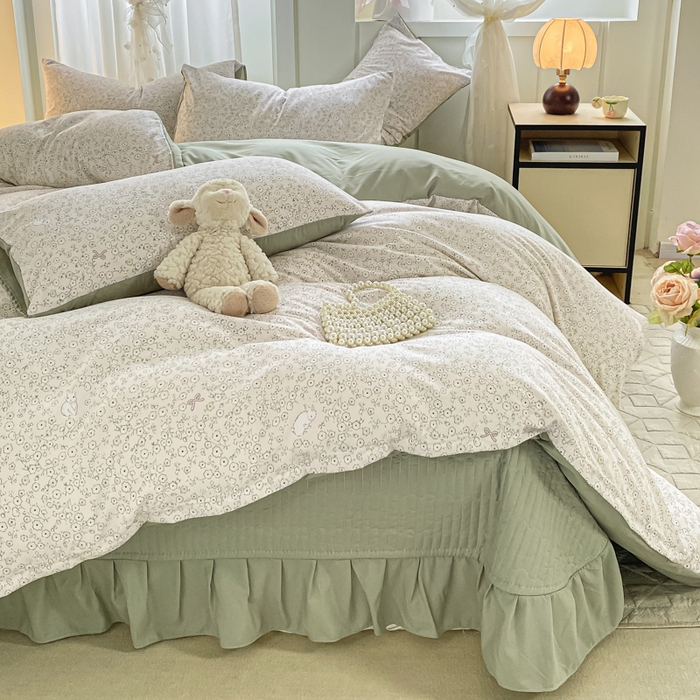 91家纺网 家纺一手货源 找家纺 仟网汇 2026新款针织棉双层纱床盖四件套夏被四件套 花与兔