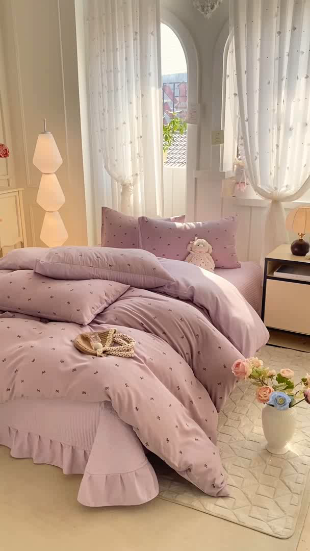 91家纺网 家纺一手货源 找家纺 仟网汇 2026新款针织棉双层纱床盖四件套夏被四件套 结羽