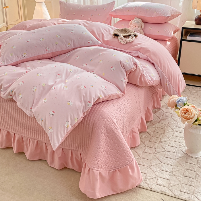 91家纺网 家纺一手货源 找家纺 仟网汇 2026新款针织棉双层纱床盖四件套夏被四件套 凯蒂猫