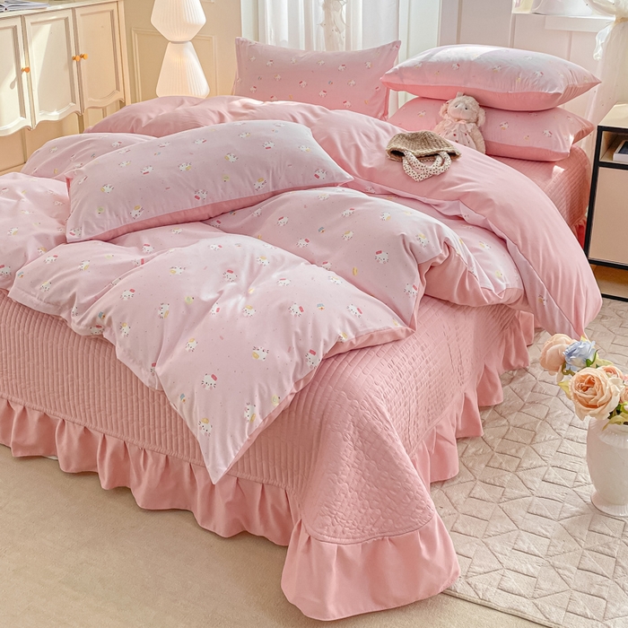 91家纺网 家纺一手货源 找家纺 仟网汇 2026新款针织棉双层纱床盖四件套夏被四件套 凯蒂猫