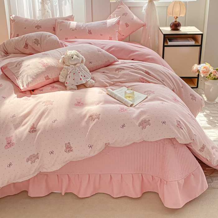 91家纺网 家纺一手货源 找家纺 仟网汇 2026新款针织棉双层纱床盖四件套夏被四件套 萌萌熊