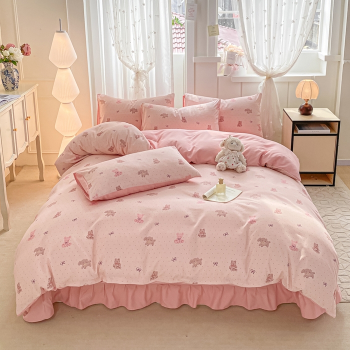 91家纺网 家纺一手货源 找家纺 仟网汇 2026新款针织棉双层纱床盖四件套夏被四件套 萌萌熊