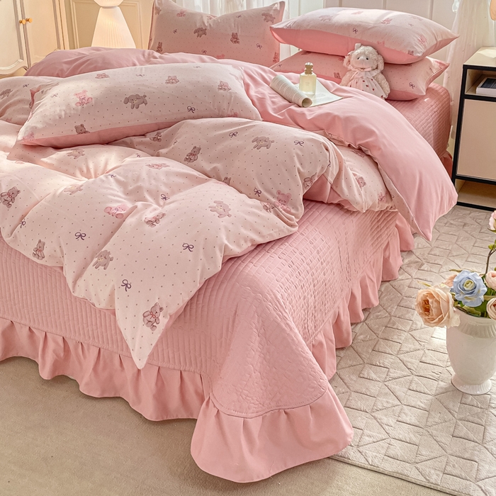 91家纺网 家纺一手货源 找家纺 仟网汇 2026新款针织棉双层纱床盖四件套夏被四件套 萌萌熊