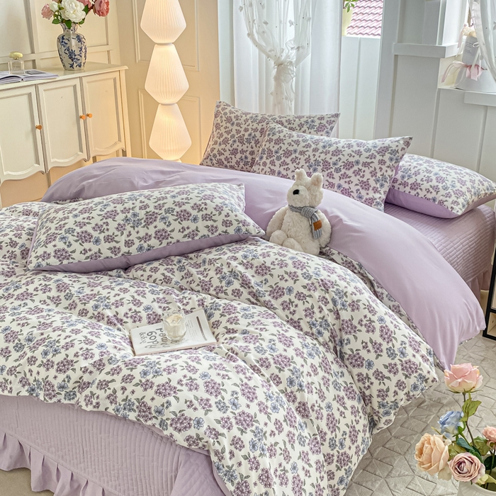 91家纺网 家纺一手货源 找家纺 仟网汇 2026新款针织棉双层纱床盖四件套夏被四件套 梦幻紫藤