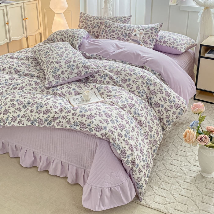 91家纺网 家纺一手货源 找家纺 仟网汇 2026新款针织棉双层纱床盖四件套夏被四件套 梦幻紫藤