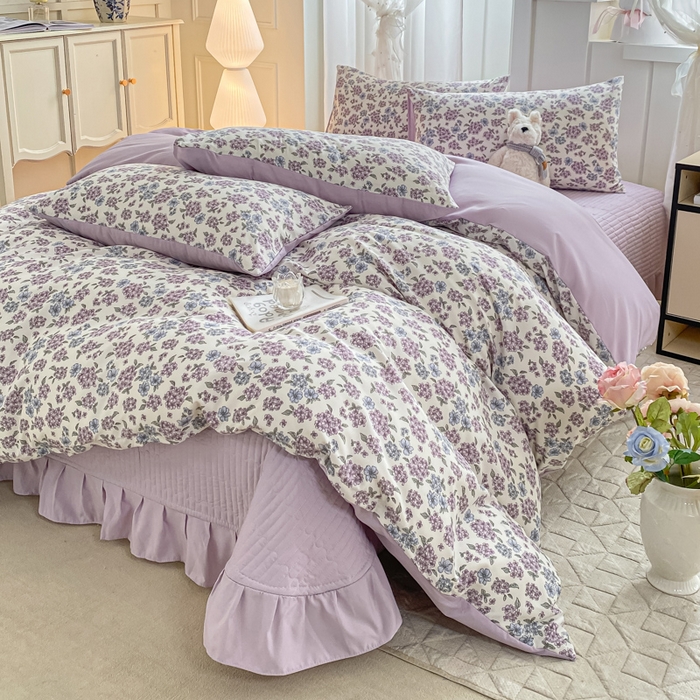 91家纺网 家纺一手货源 找家纺 仟网汇 2026新款针织棉双层纱床盖四件套夏被四件套 梦幻紫藤