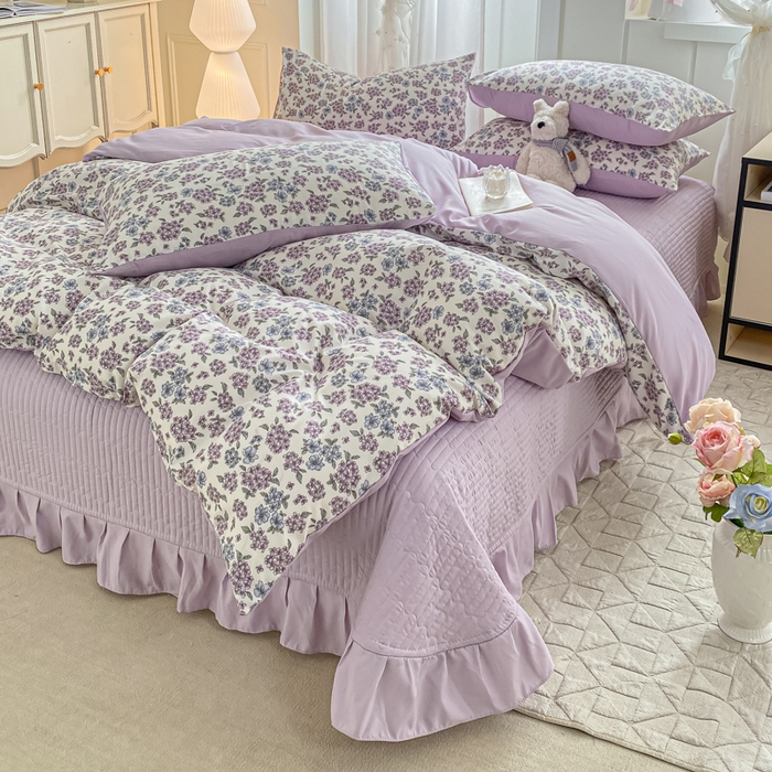 91家纺网 家纺一手货源 找家纺 仟网汇 2026新款针织棉双层纱床盖四件套夏被四件套 梦幻紫藤