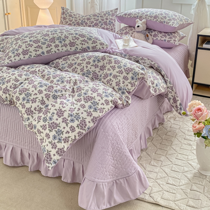 91家纺网 家纺一手货源 找家纺 仟网汇 2026新款针织棉双层纱床盖四件套夏被四件套 梦幻紫藤