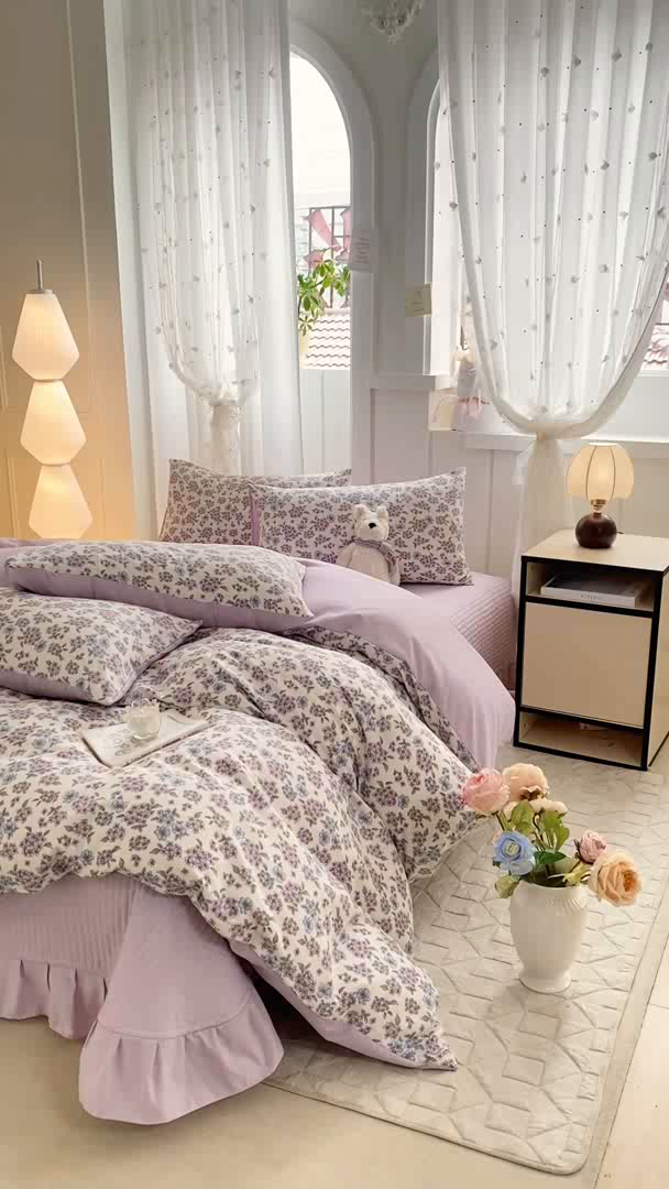 91家纺网 家纺一手货源 找家纺 仟网汇 2026新款针织棉双层纱床盖四件套夏被四件套 梦幻紫藤