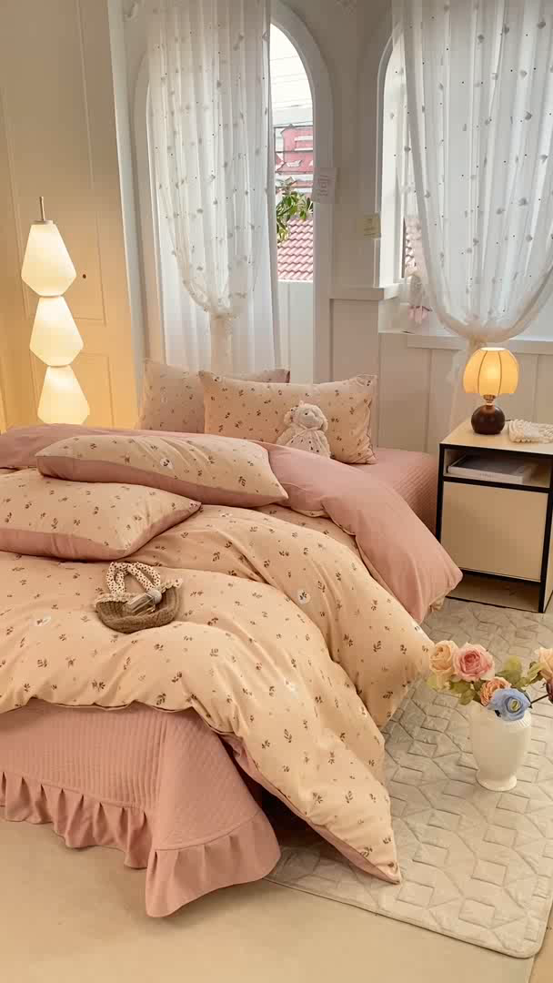 91家纺网 家纺一手货源 找家纺 仟网汇 2026新款针织棉双层纱床盖四件套夏被四件套 莫奈花园