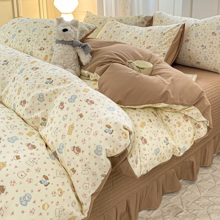 91家纺网 家纺一手货源 找家纺 仟网汇 2026新款针织棉双层纱床盖四件套夏被四件套 奶芙汪汪