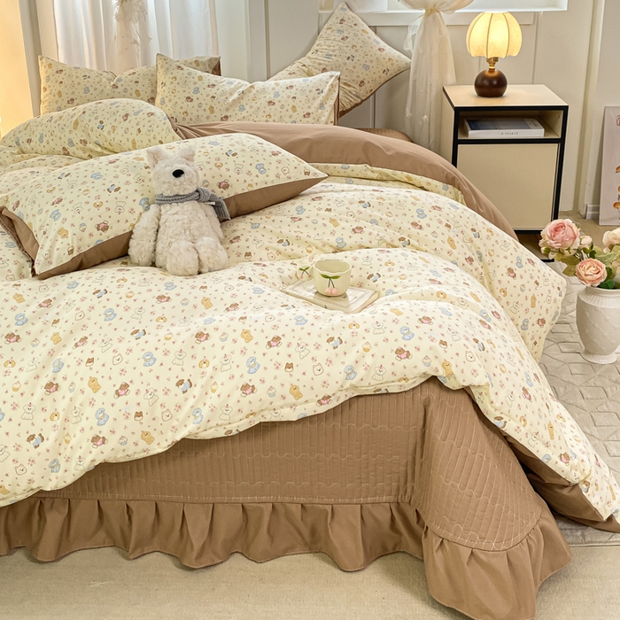 91家纺网 家纺一手货源 找家纺 仟网汇 2026新款针织棉双层纱床盖四件套夏被四件套 奶芙汪汪