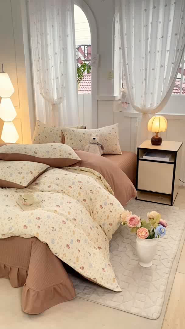 91家纺网 家纺一手货源 找家纺 仟网汇 2026新款针织棉双层纱床盖四件套夏被四件套 奶芙汪汪