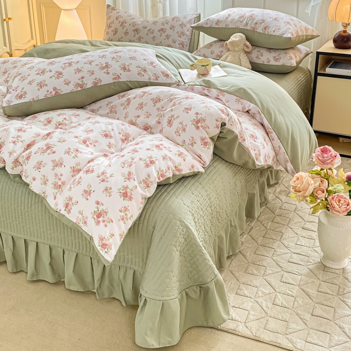 91家纺网 家纺一手货源 找家纺 仟网汇 2026新款针织棉双层纱床盖四件套夏被四件套 蔷薇之恋