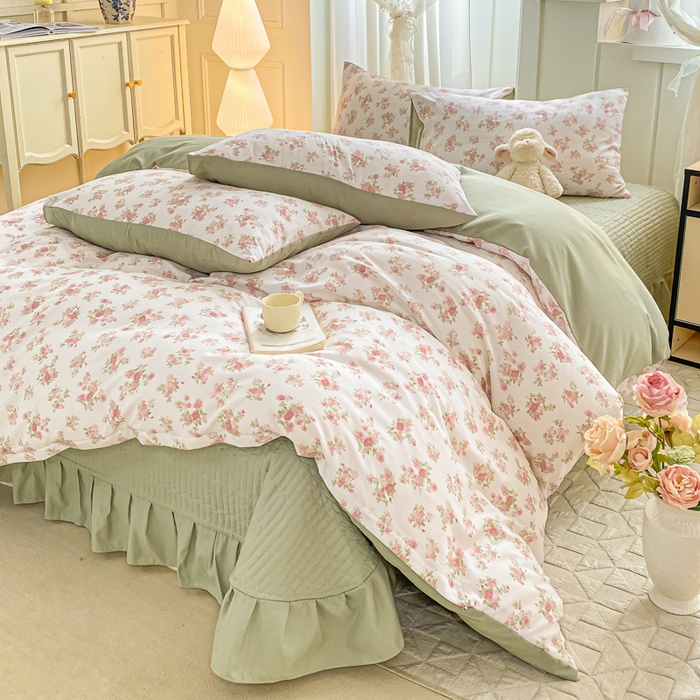 91家纺网 家纺一手货源 找家纺 仟网汇 2026新款针织棉双层纱床盖四件套夏被四件套 蔷薇之恋