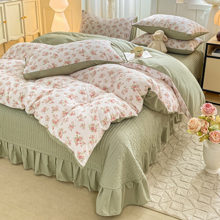 91家纺网 家纺一手货源 找家纺 仟网汇 2026新款针织棉双层纱床盖四件套夏被四件套 蔷薇之恋