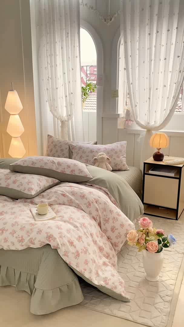 91家纺网 家纺一手货源 找家纺 仟网汇 2026新款针织棉双层纱床盖四件套夏被四件套 蔷薇之恋