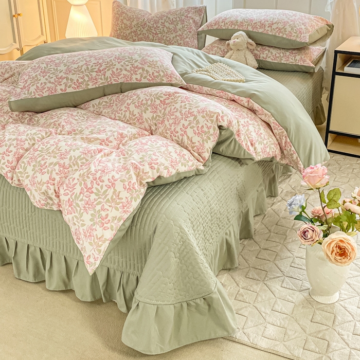 91家纺网 家纺一手货源 找家纺 仟网汇 2026新款针织棉双层纱床盖四件套夏被四件套 清荷