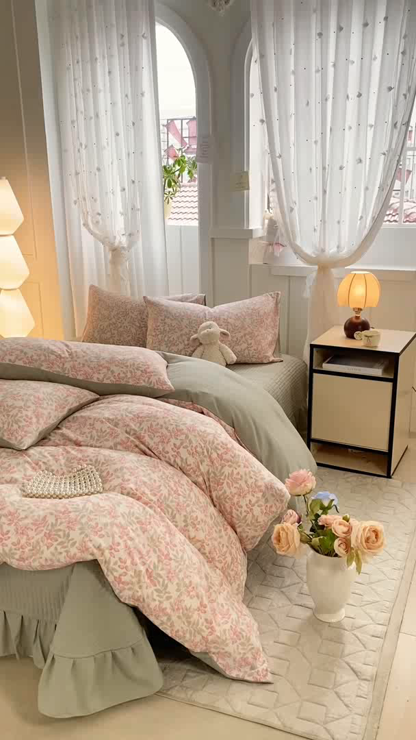 91家纺网 家纺一手货源 找家纺 仟网汇 2026新款针织棉双层纱床盖四件套夏被四件套 清荷