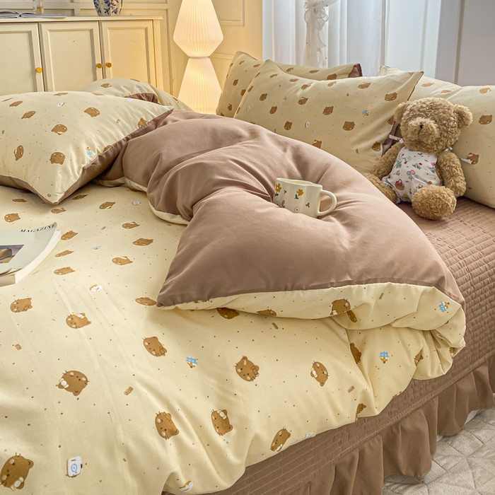 91家纺网 家纺一手货源 找家纺 仟网汇 2026新款针织棉双层纱床盖四件套夏被四件套 曲奇饼干