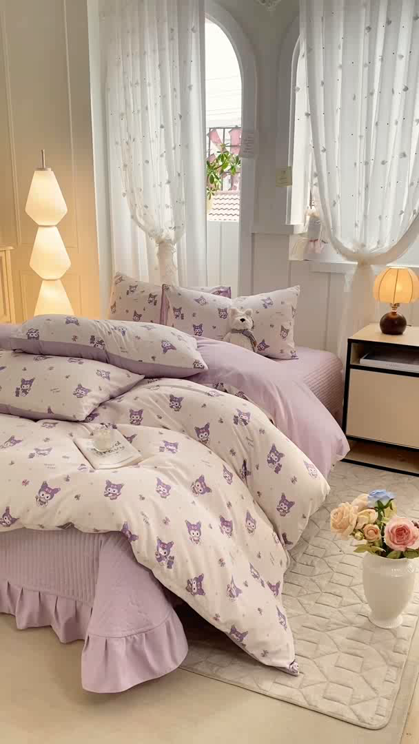 91家纺网 家纺一手货源 找家纺 仟网汇 2026新款针织棉双层纱床盖四件套夏被四件套 甜心库洛米