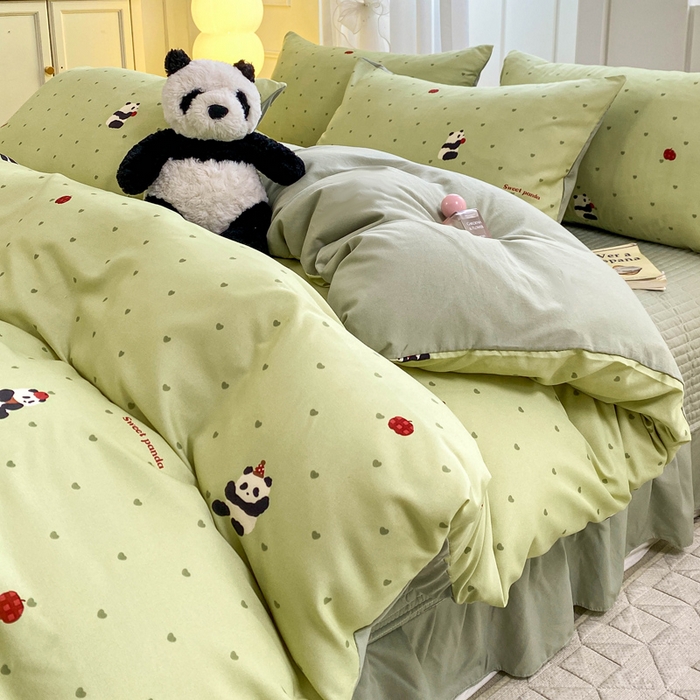 91家纺网 家纺一手货源 找家纺 仟网汇 2026新款针织棉双层纱床盖四件套夏被四件套 熊猫胖胖绿