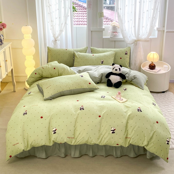 91家纺网 家纺一手货源 找家纺 仟网汇 2026新款针织棉双层纱床盖四件套夏被四件套 熊猫胖胖绿