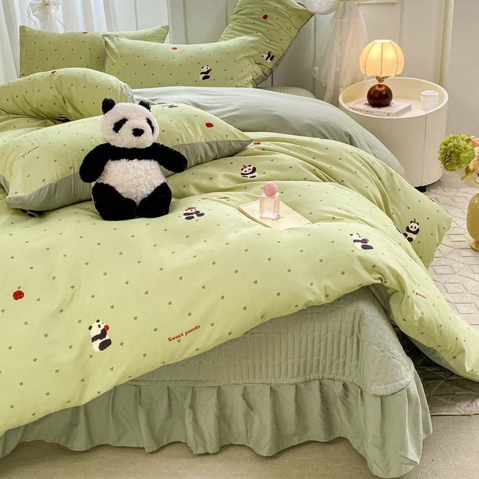 91家纺网 家纺一手货源 找家纺 仟网汇 2026新款针织棉双层纱床盖四件套夏被四件套 熊猫胖胖绿