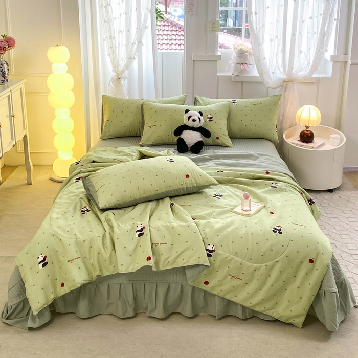 91家纺网 家纺一手货源 找家纺 仟网汇 2026新款针织棉双层纱床盖四件套夏被四件套 熊猫胖胖绿