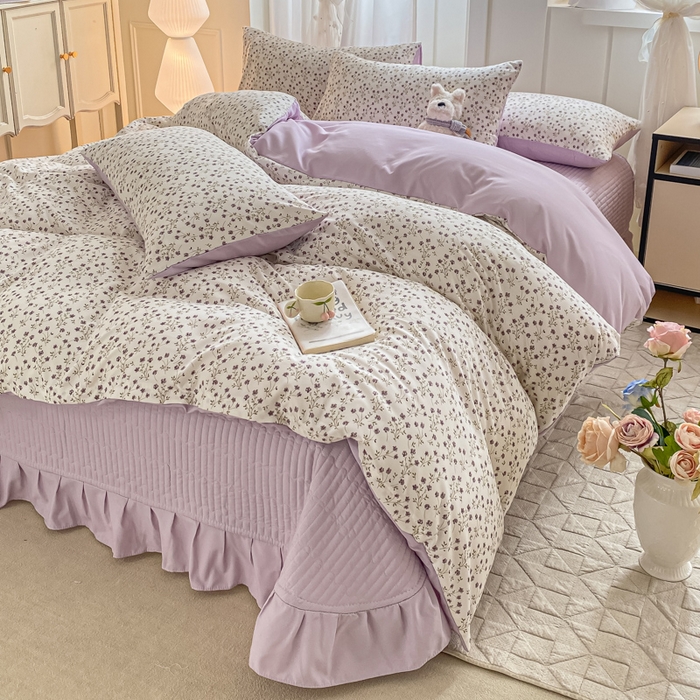 91家纺网 家纺一手货源 找家纺 仟网汇 2026新款针织棉双层纱床盖四件套夏被四件套 紫罗兰