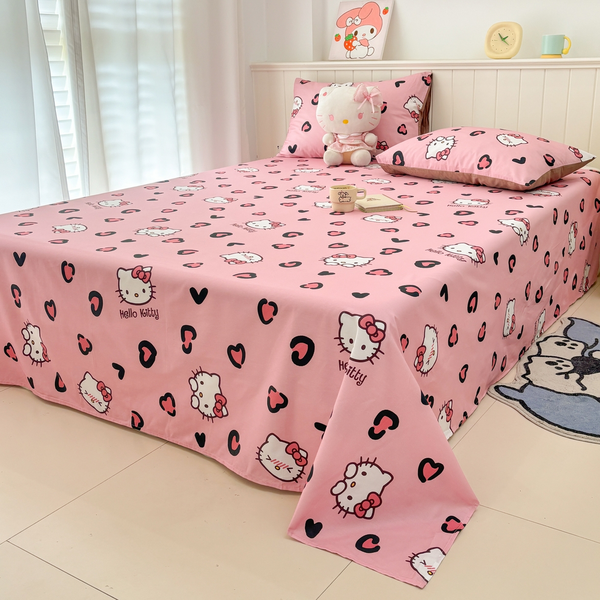 91家纺网 家纺一手货源 找家纺 孩子王家纺 2026新款卡通全棉纯棉正版授权小版三丽鸥系列单床笠床笠单件单品床笠（含防伪码）粉豹kt甜心