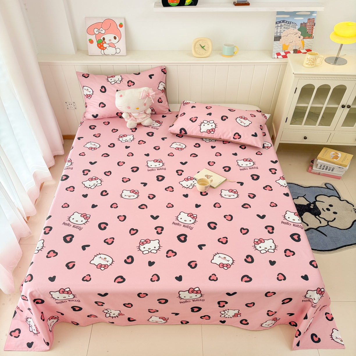 91家纺网 家纺一手货源 找家纺 孩子王家纺 2026新款卡通全棉纯棉正版授权小版三丽鸥系列单床笠床笠单件单品床笠（含防伪码）粉豹kt甜心