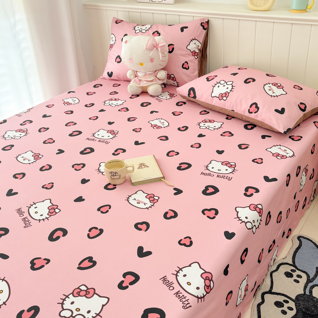 91家纺网 家纺一手货源 找家纺 孩子王家纺 2026新款卡通全棉纯棉正版授权小版三丽鸥系列单床笠床笠单件单品床笠（含防伪码）粉豹kt甜心