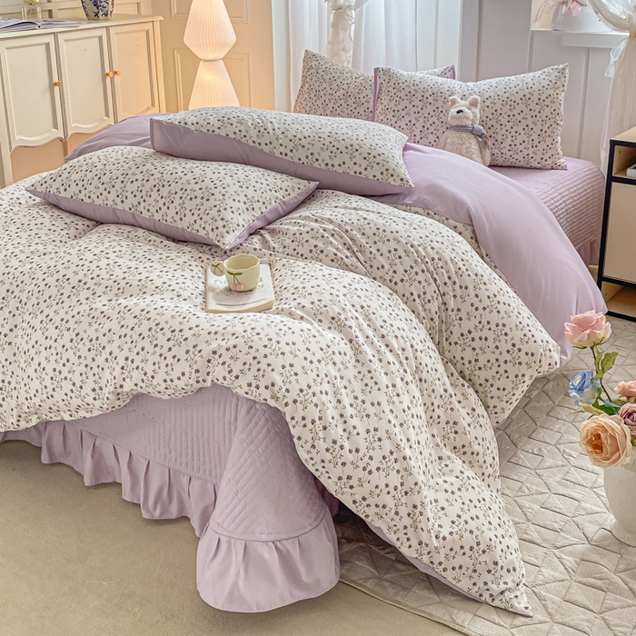 91家纺网 家纺一手货源 找家纺 仟网汇 2026新款针织棉双层纱床盖四件套夏被四件套 紫罗兰