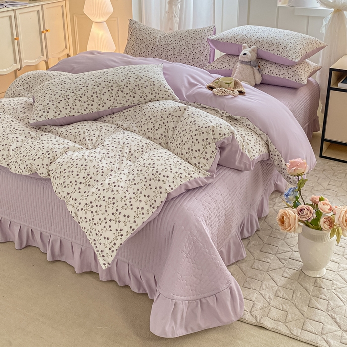 91家纺网 家纺一手货源 找家纺 仟网汇 2026新款针织棉双层纱床盖四件套夏被四件套 紫罗兰