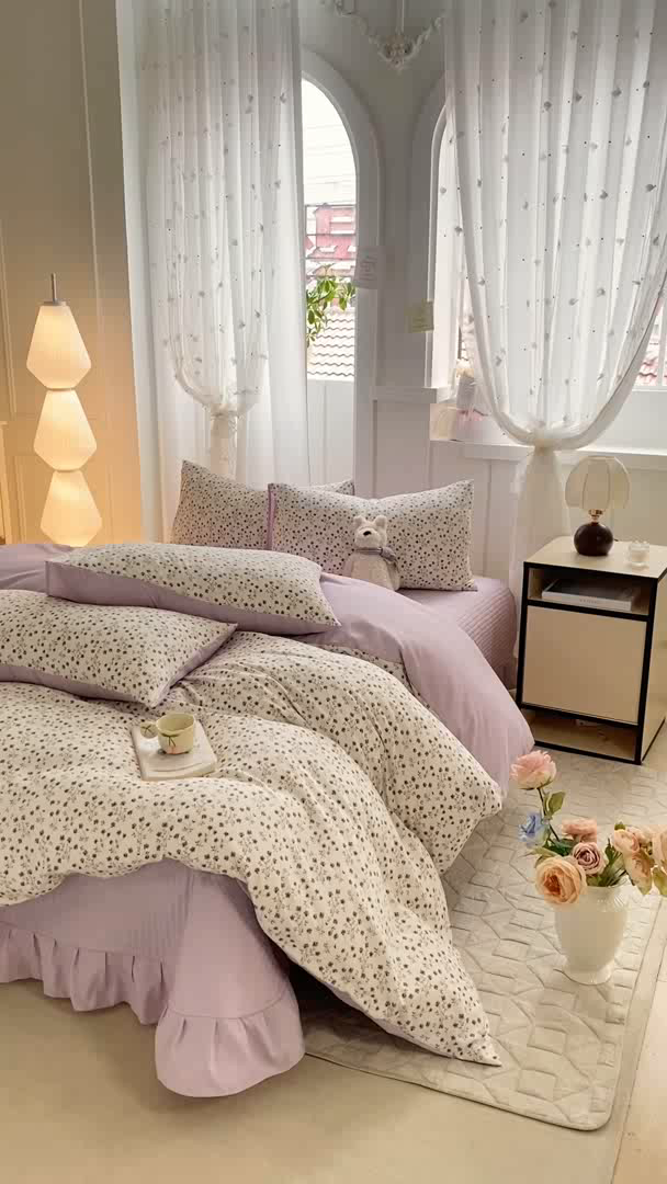 91家纺网 家纺一手货源 找家纺 仟网汇 2026新款针织棉双层纱床盖四件套夏被四件套 紫罗兰